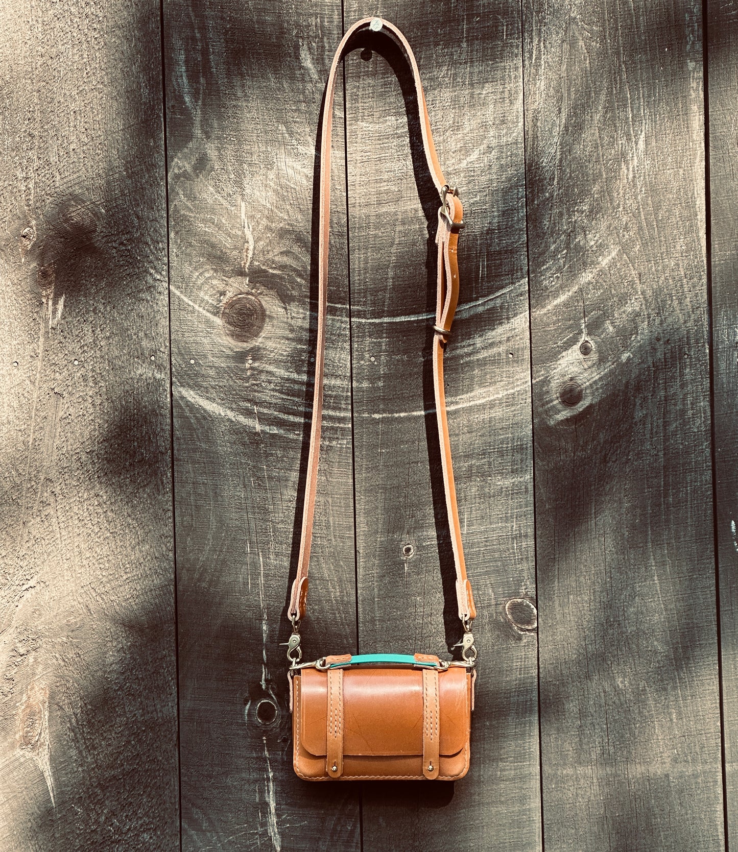London Tan Mini Messenger Bag/Tote for Cell Phone or Wallet, Imported Sedgwick English Bridle Leather, All Hand-stitched, London Tan.