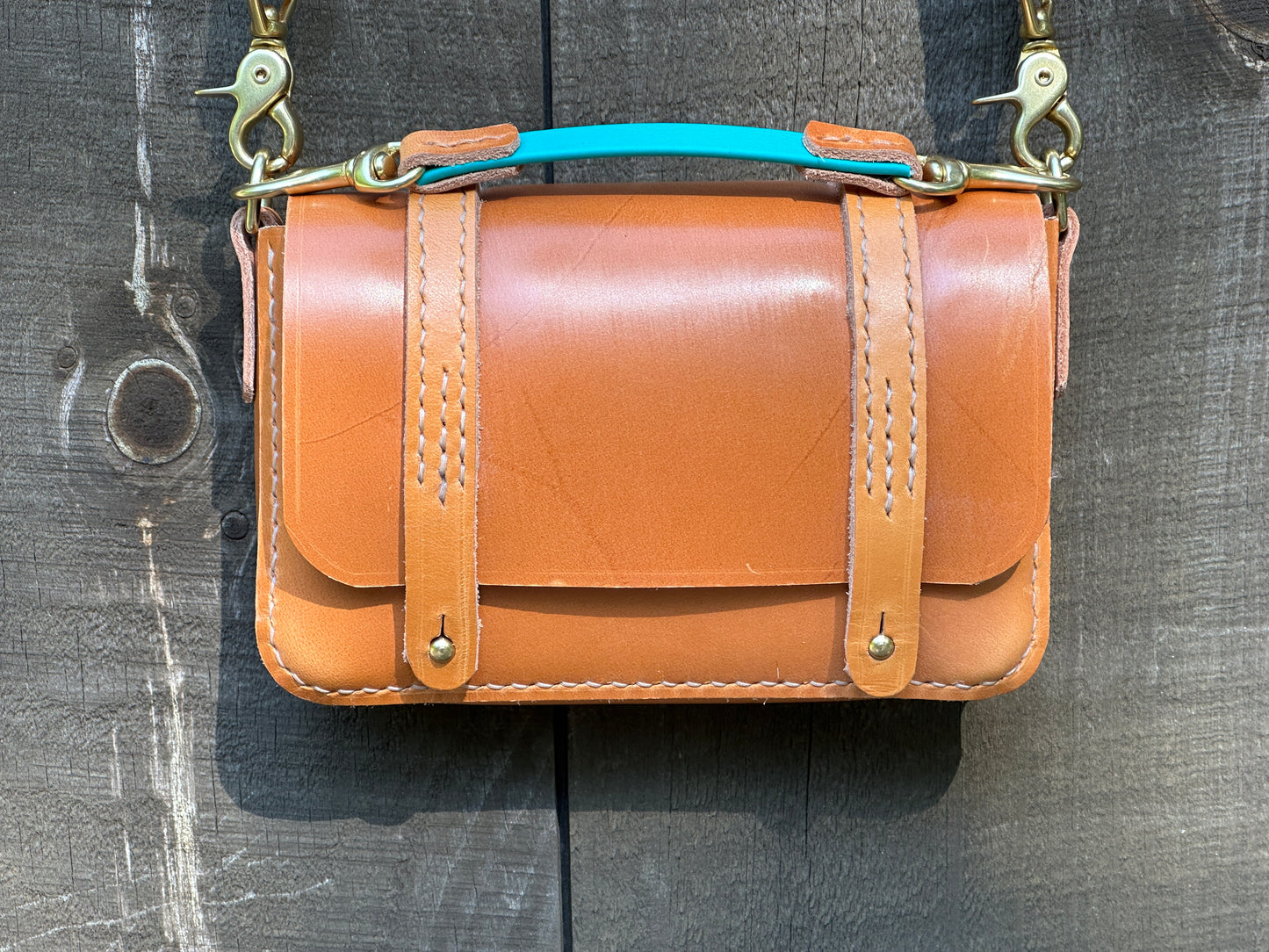 London Tan Mini Messenger Bag/Tote for Cell Phone or Wallet, Imported Sedgwick English Bridle Leather, All Hand-stitched, London Tan.