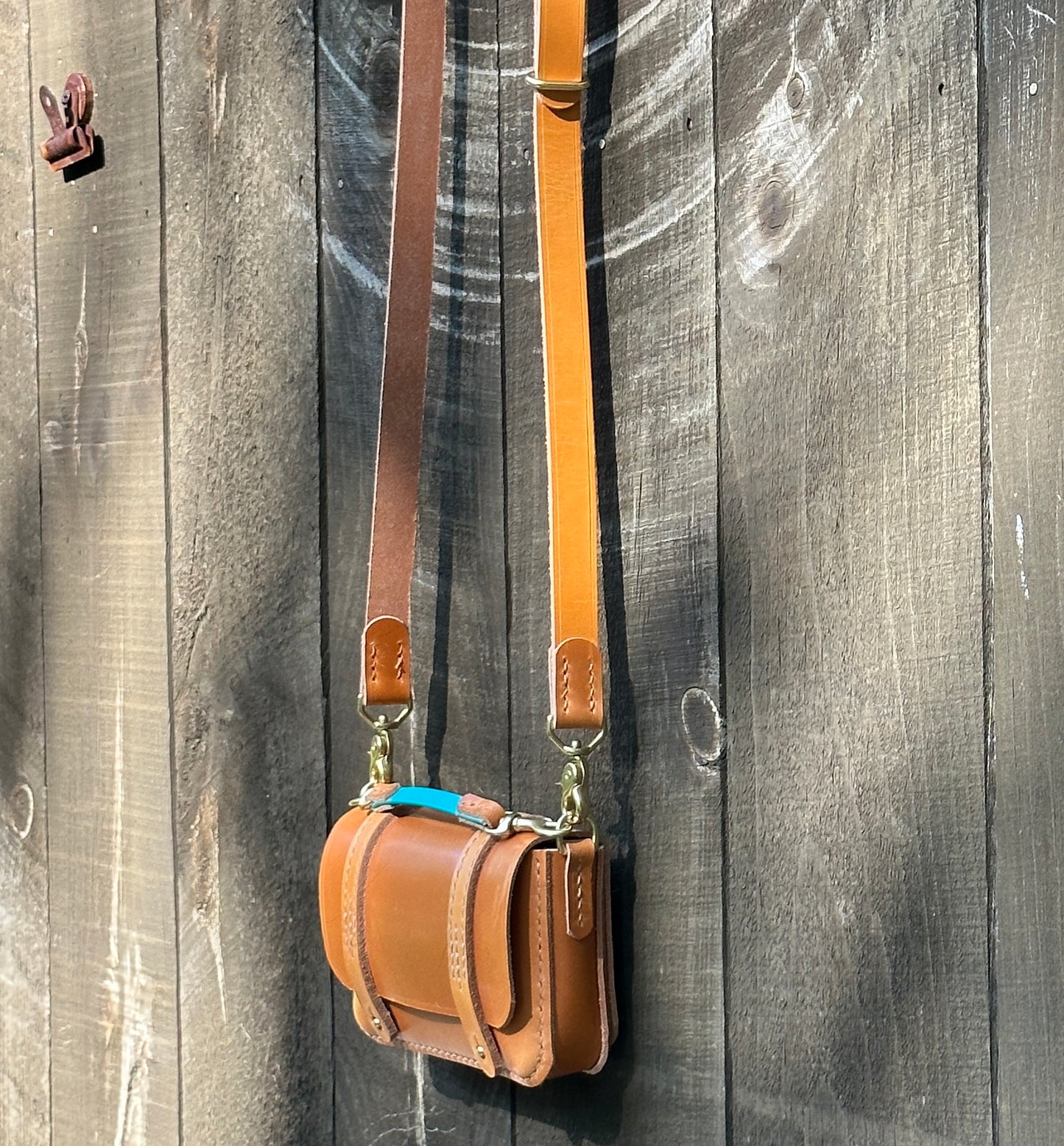 London Tan Mini Messenger Bag/Tote for Cell Phone or Wallet, Imported Sedgwick English Bridle Leather, All Hand-stitched, London Tan.
