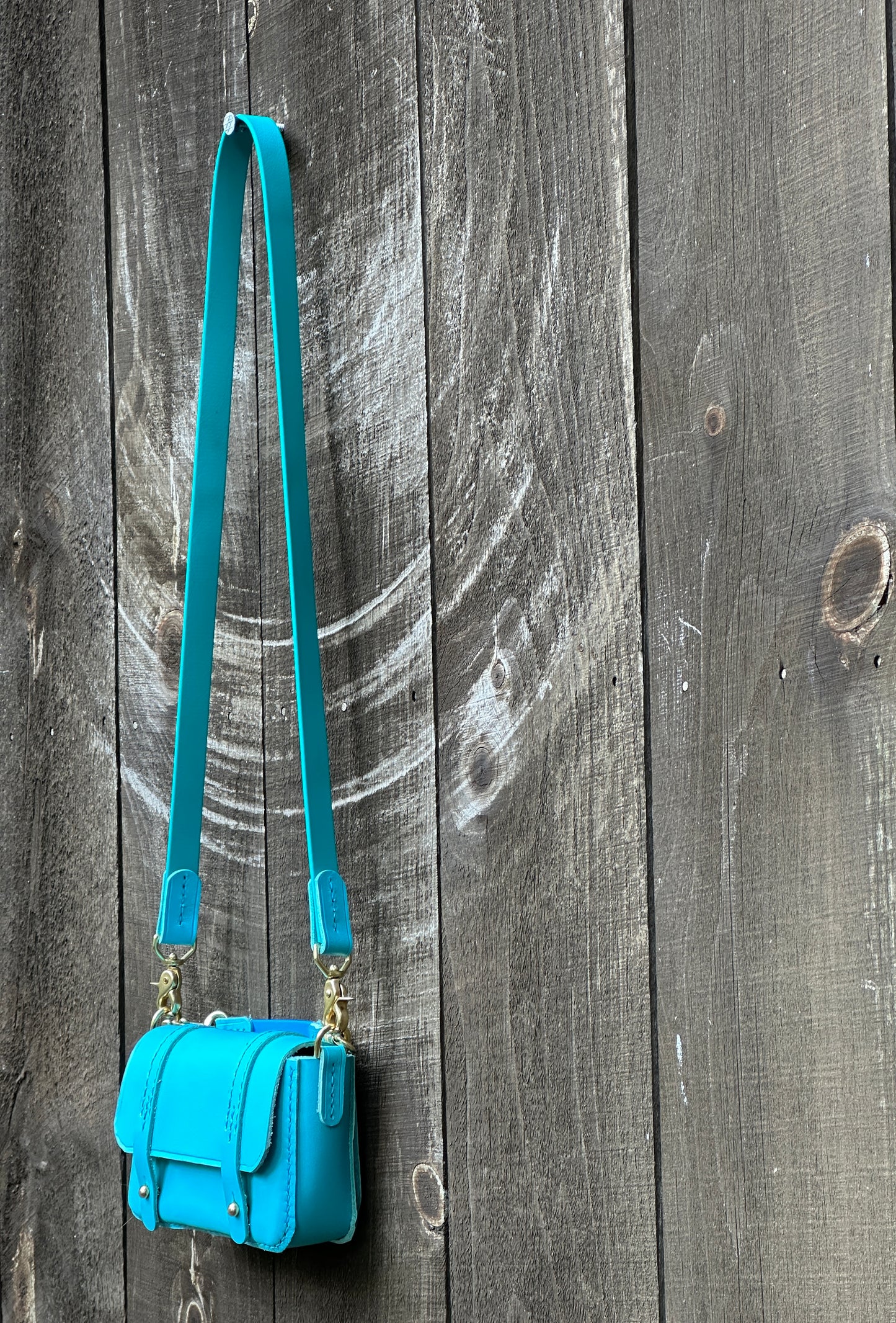Italian Turquoise Mini Messenger Bag/Saddle Bag for iPhone w/Biothane + Leather Saddle Strap + Cross Body Strap, Heavy Solid Brass