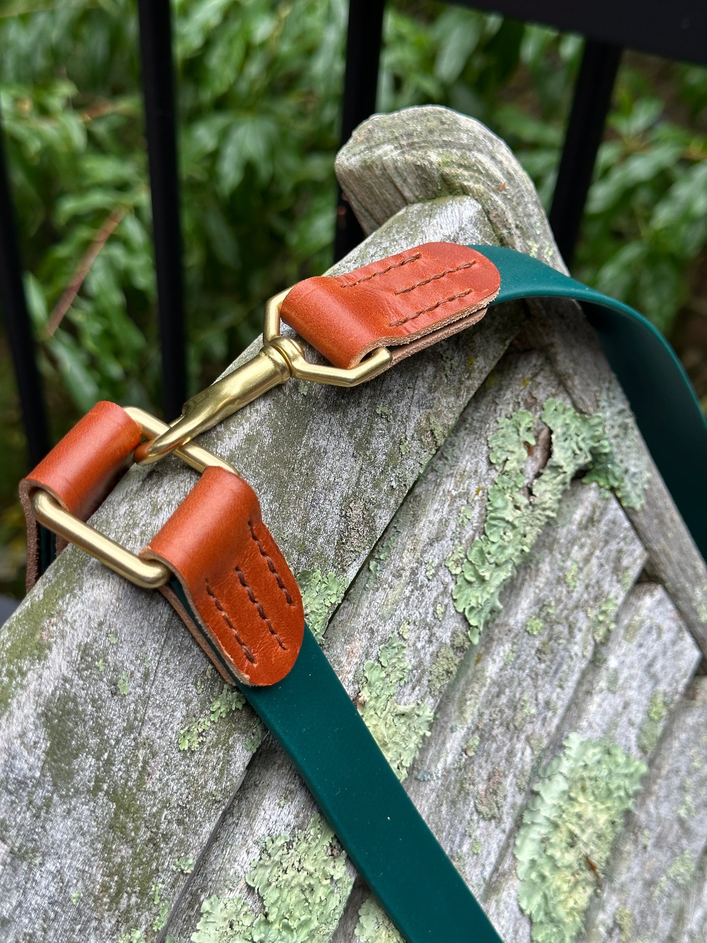 Forest Green Biothane & Chestnut Bridle Leather Dog Lead, w/Separate Handle