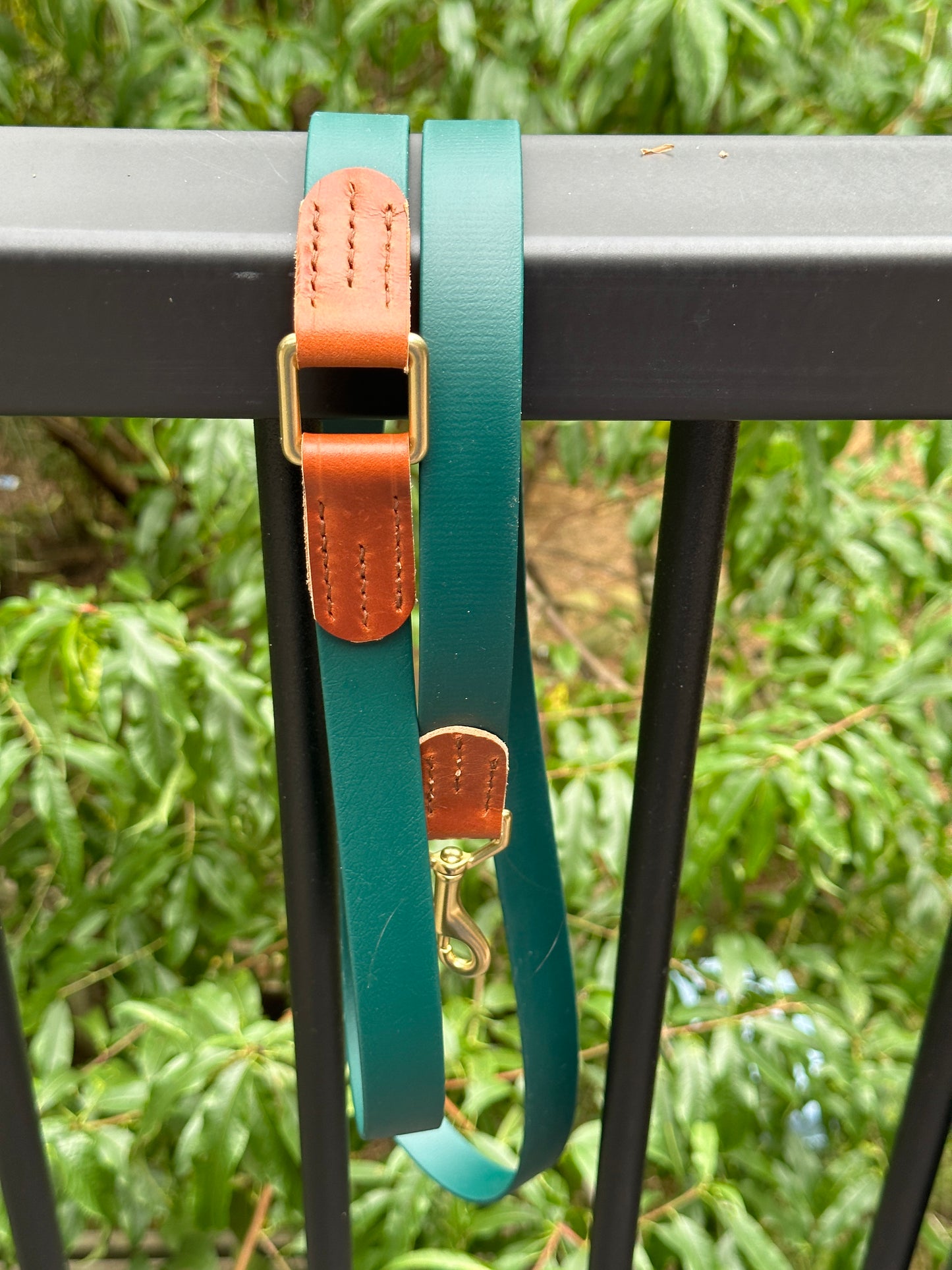 Forest Green Biothane & Chestnut Bridle Leather Dog Lead, w/Separate Handle