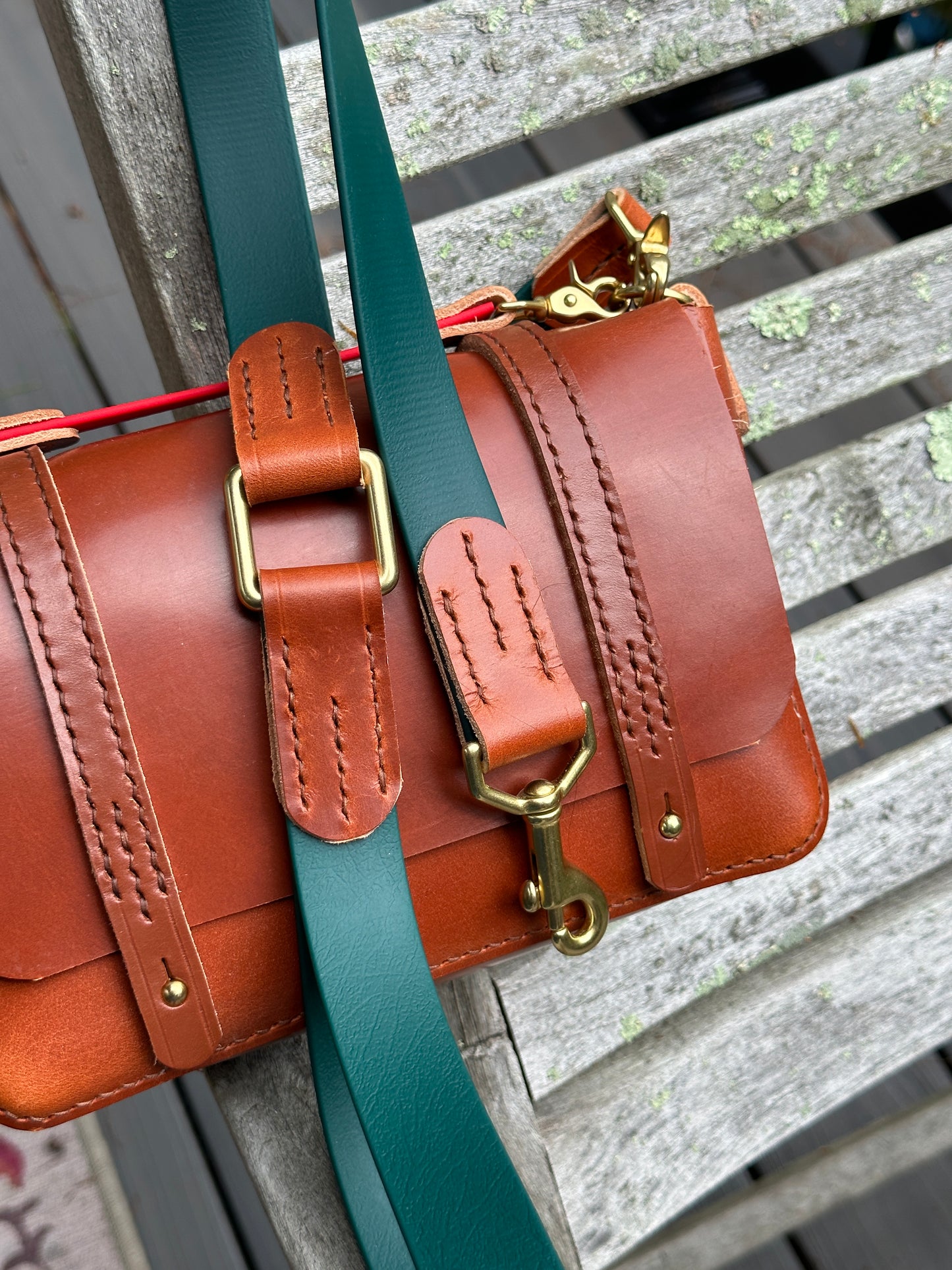 Forest Green Biothane & Chestnut Bridle Leather Dog Lead, w/Separate Handle