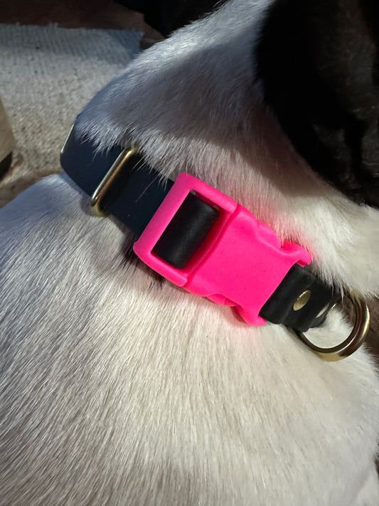 Two-Tone Collar and Leash Set Adjustable Lightweight Biothane Quick Release Buckle Collar, All Waterproof w/Solid Brass Premium Hardware,  Black and Hot Pink