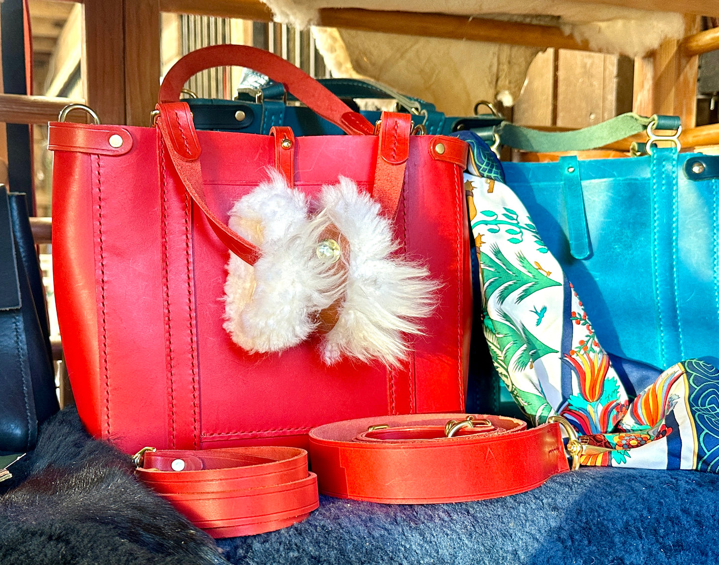 Italian Hot Red Tote Bag with 1" Adjustable Strap, Front Exterior Pocket