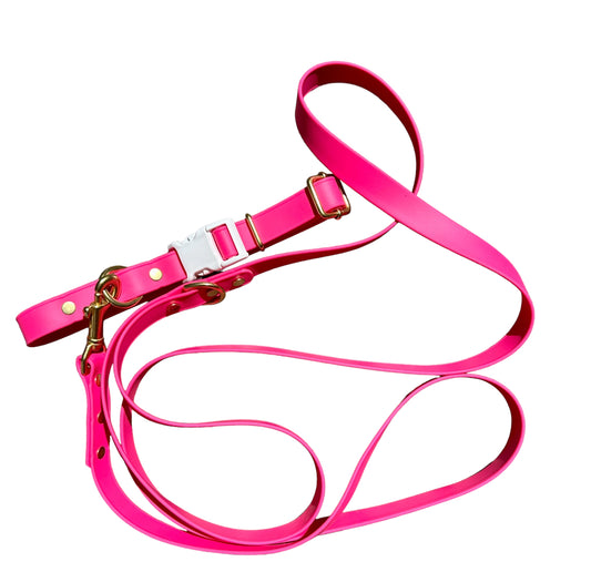 Two-Tone Collar and Leash Set Adjustable Lightweight Biothane Quick Release Buckle Collar, All Waterproof w/Solid Brass Premium Hardware,  Passion Fruit Pink + White