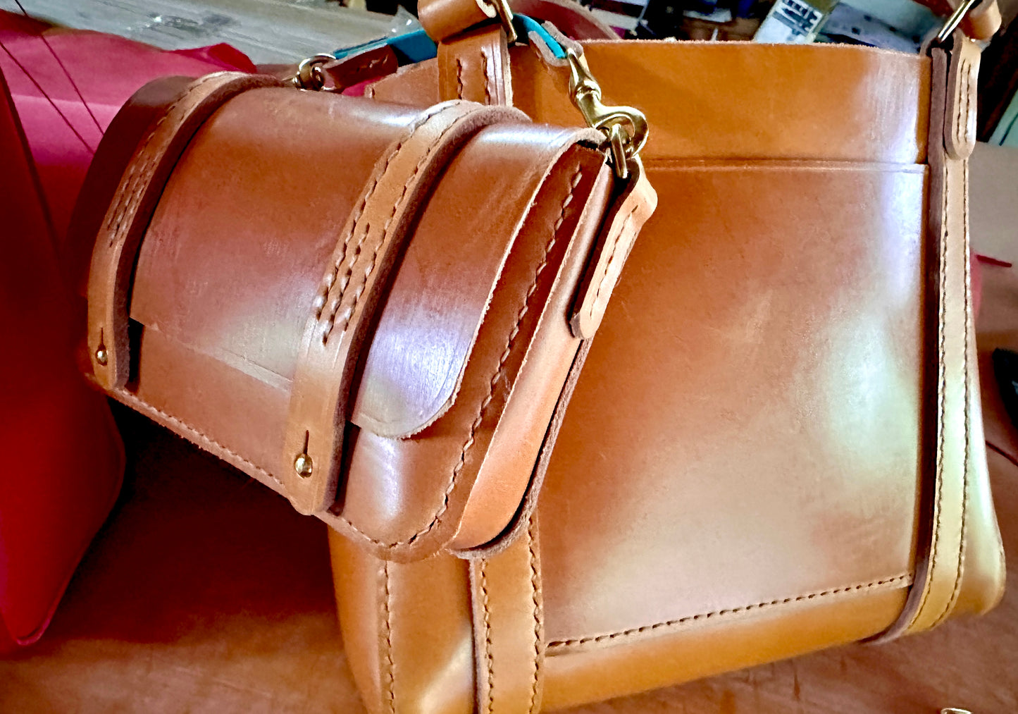 London Tan Mini  Messenger Bag/Tote for Cell Phone or Wallet, Imported Sedgwick English Bridle Leather, All Hand-stitched, London Tan.