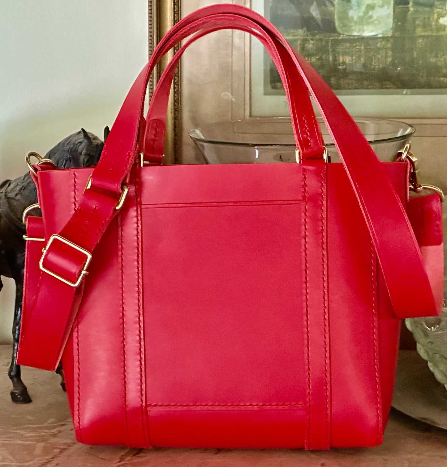 Italian Hot Red Tote Bag with 1.25" Adjustable Strap, Front Exterior Pocket