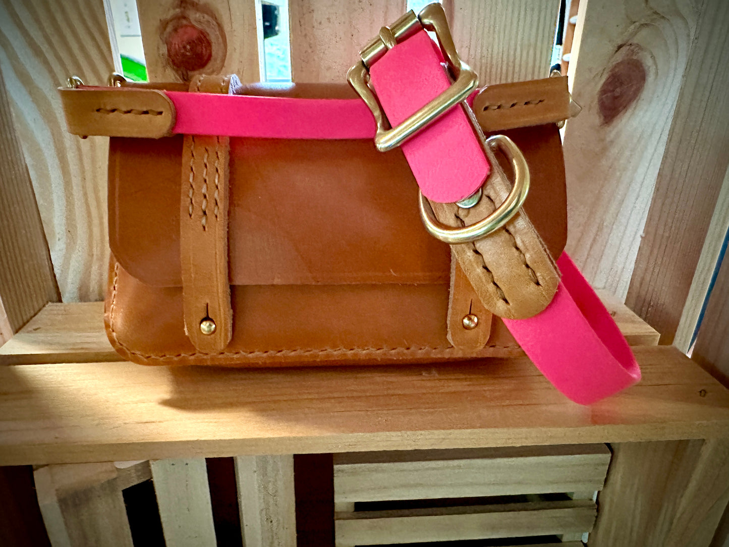 Leather and Biothane Dog Collar and Leash Set, Pink Biothane, London Tan Bridle Leather, Solid Brass Hardware, RIveted and Stitched