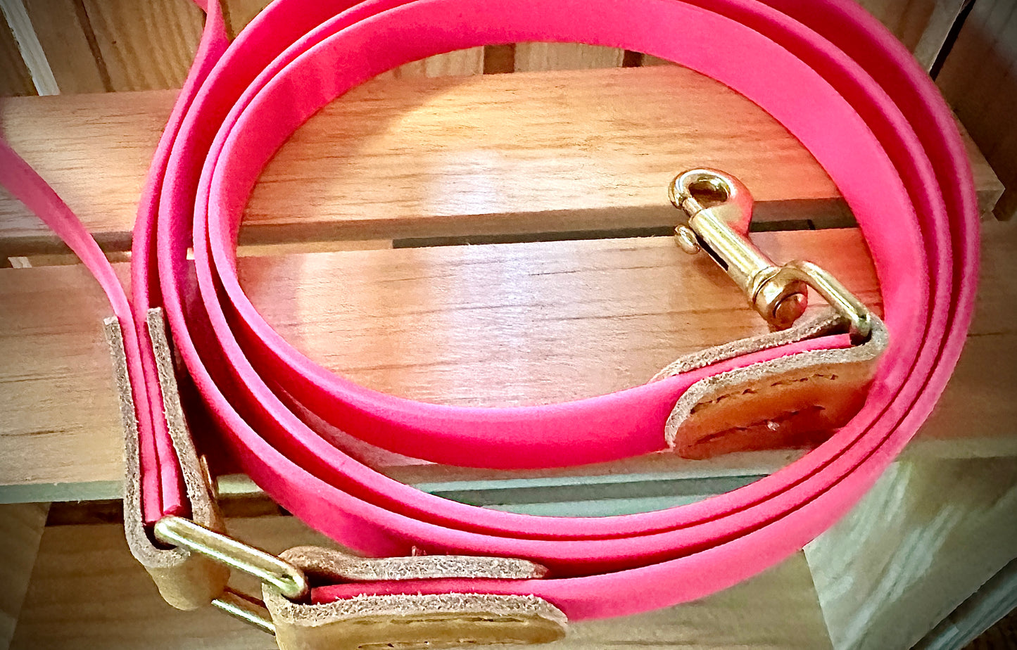 Leather and Biothane Dog Collar and Leash Set, Pink Biothane, London Tan Bridle Leather, Solid Brass Hardware, RIveted and Stitched