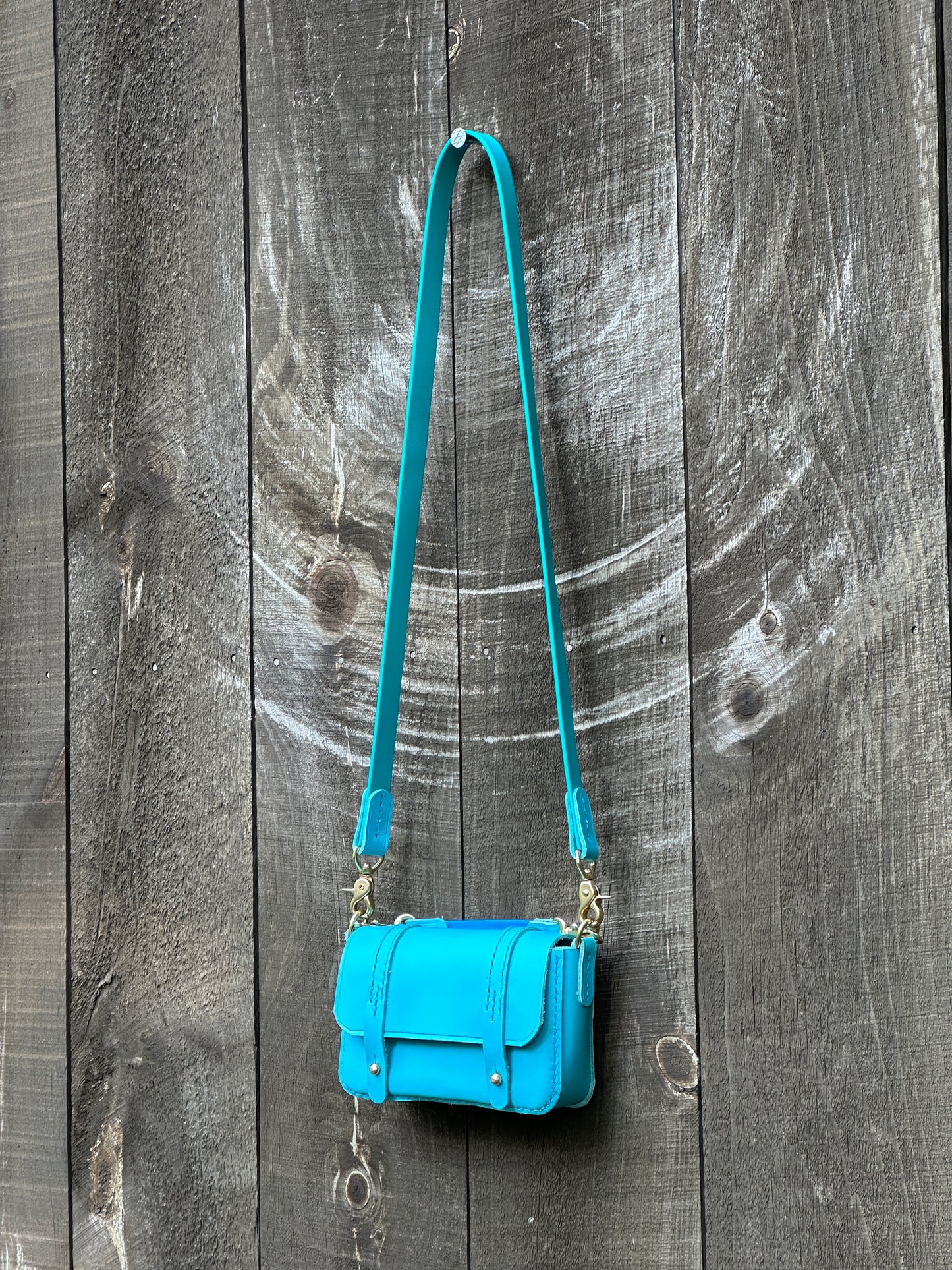 Italian Turquoise Mini Messenger Bag/Saddle Bag for iPhone w/Biothane + Leather Saddle Strap + Cross Body Strap, Heavy Solid Brass