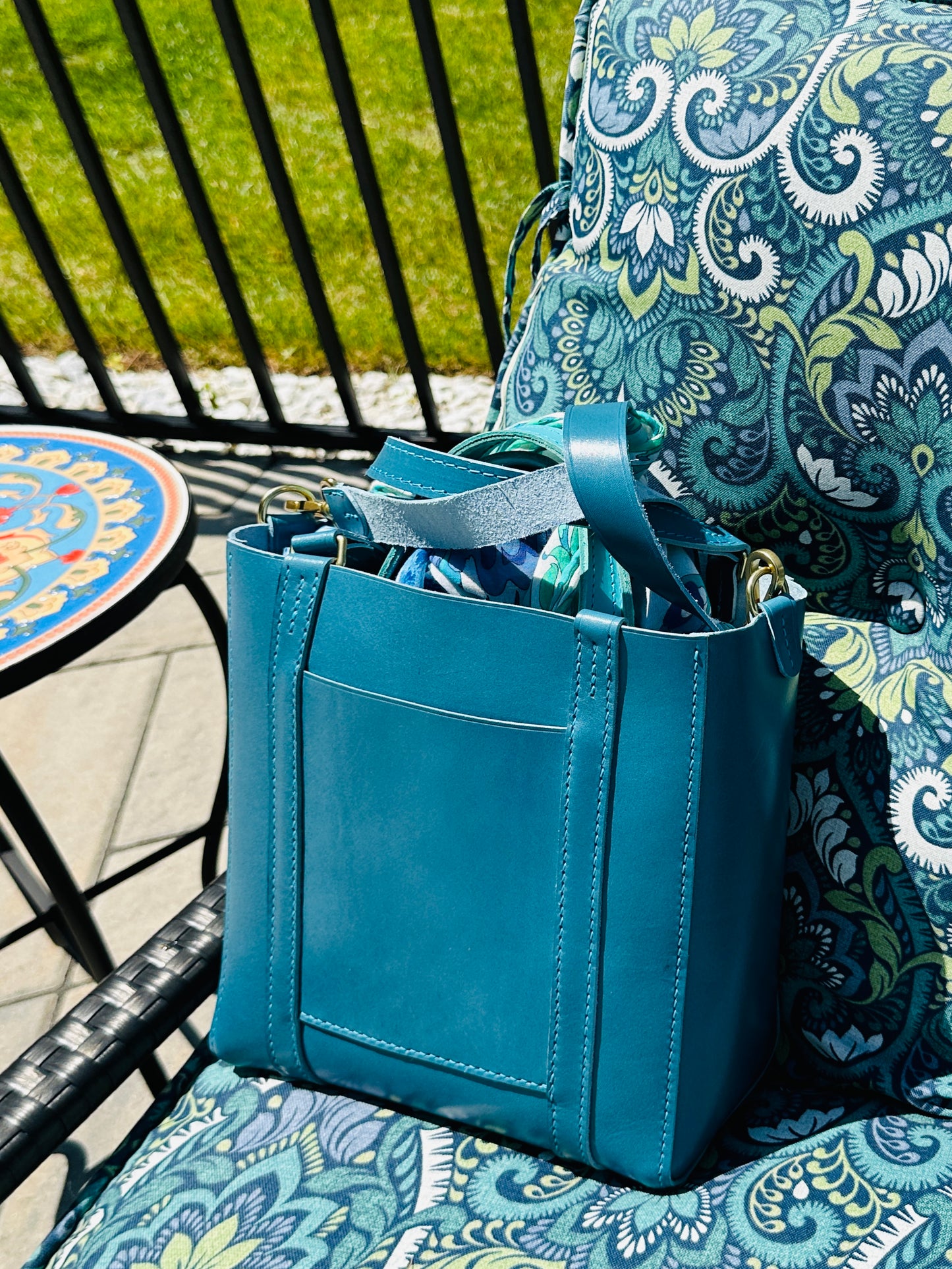 Ocean Blue/Mediterranean Large Tote w/Front Exterior Pocket, Double Handles, Heavy Solid Shiny Brass w/Biothane & Leather Crossbody Strap