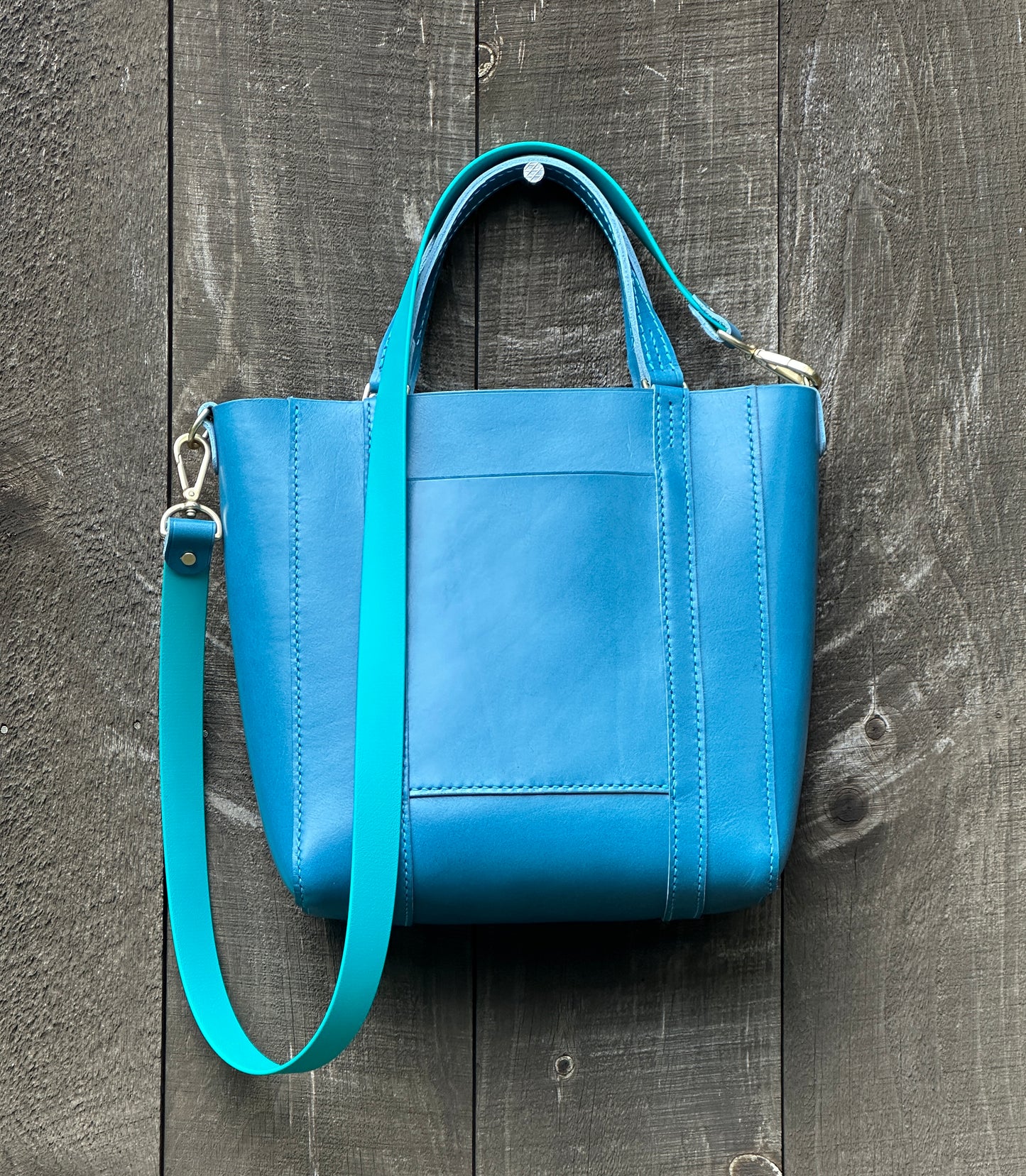 Ocean Blue/Mediterranean Large Tote w/Front Exterior Pocket, Double Handles, Heavy Solid Shiny Brass w/Biothane & Leather Crossbody Strap