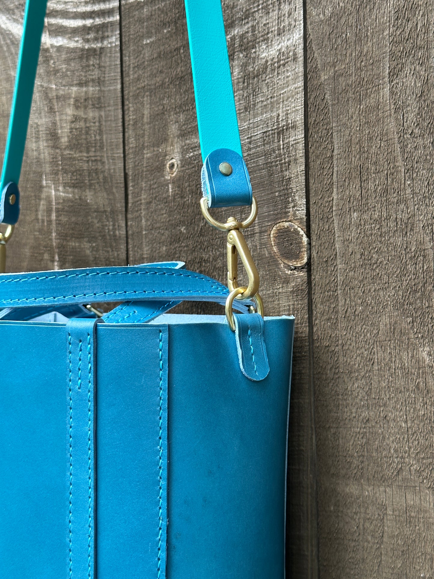 Ocean Blue/Mediterranean Large Tote w/Front Exterior Pocket, Double Handles, Heavy Solid Shiny Brass w/Biothane & Leather Crossbody Strap