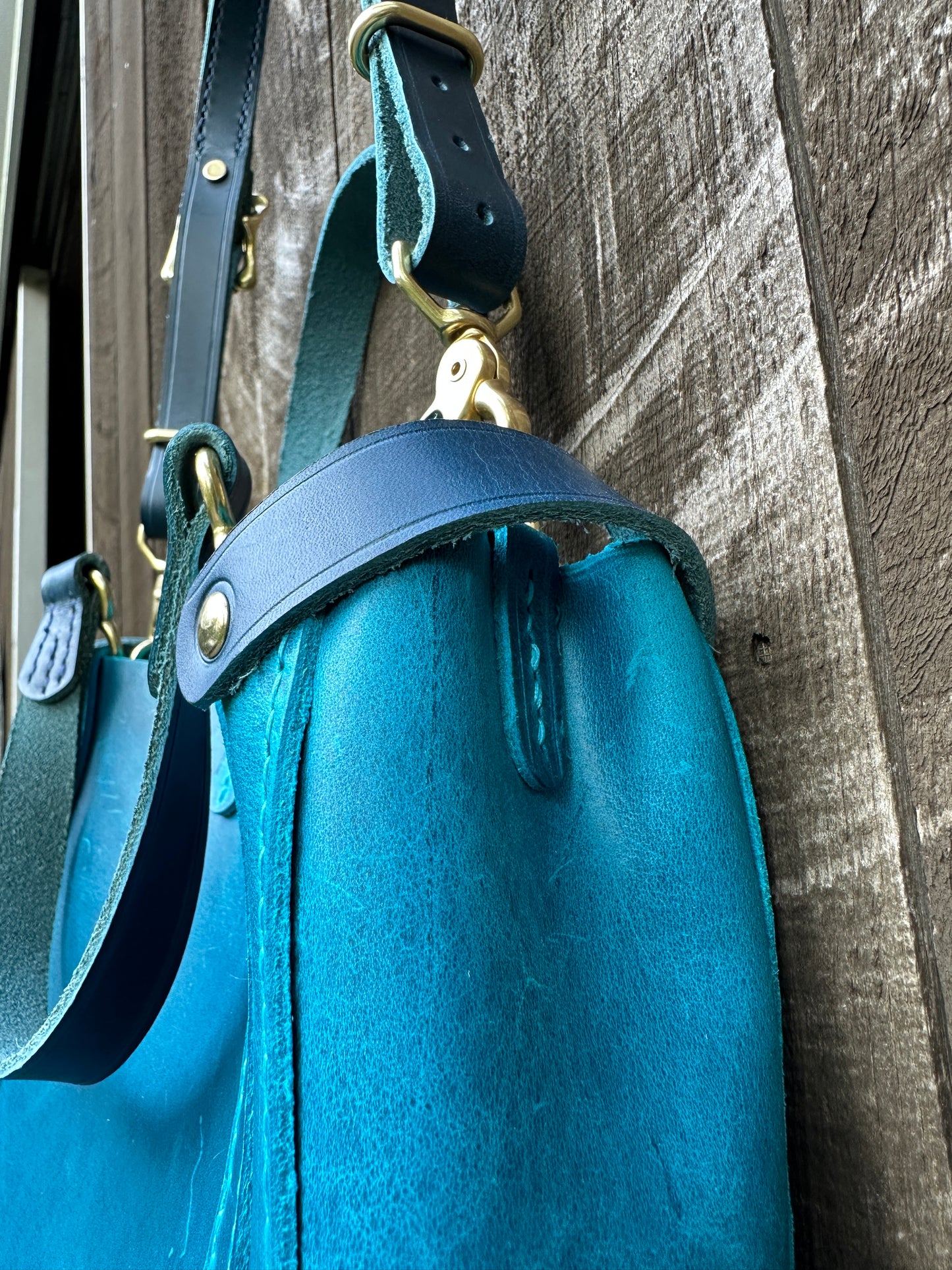 SANTORINI Tote. Striking Turquoise Deep Sea Blue Italian Pull-Up Leather Tote, Elegant Travel Tote