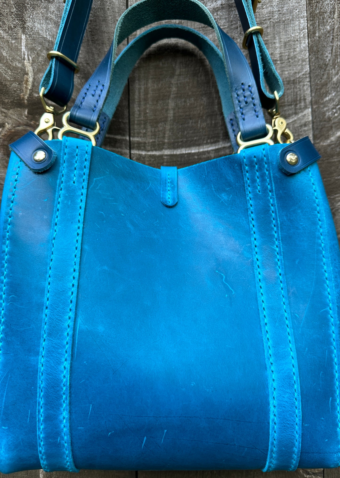 SANTORINI Tote. Striking Turquoise Deep Sea Blue Italian Pull-Up Leather Tote, Elegant Travel Tote