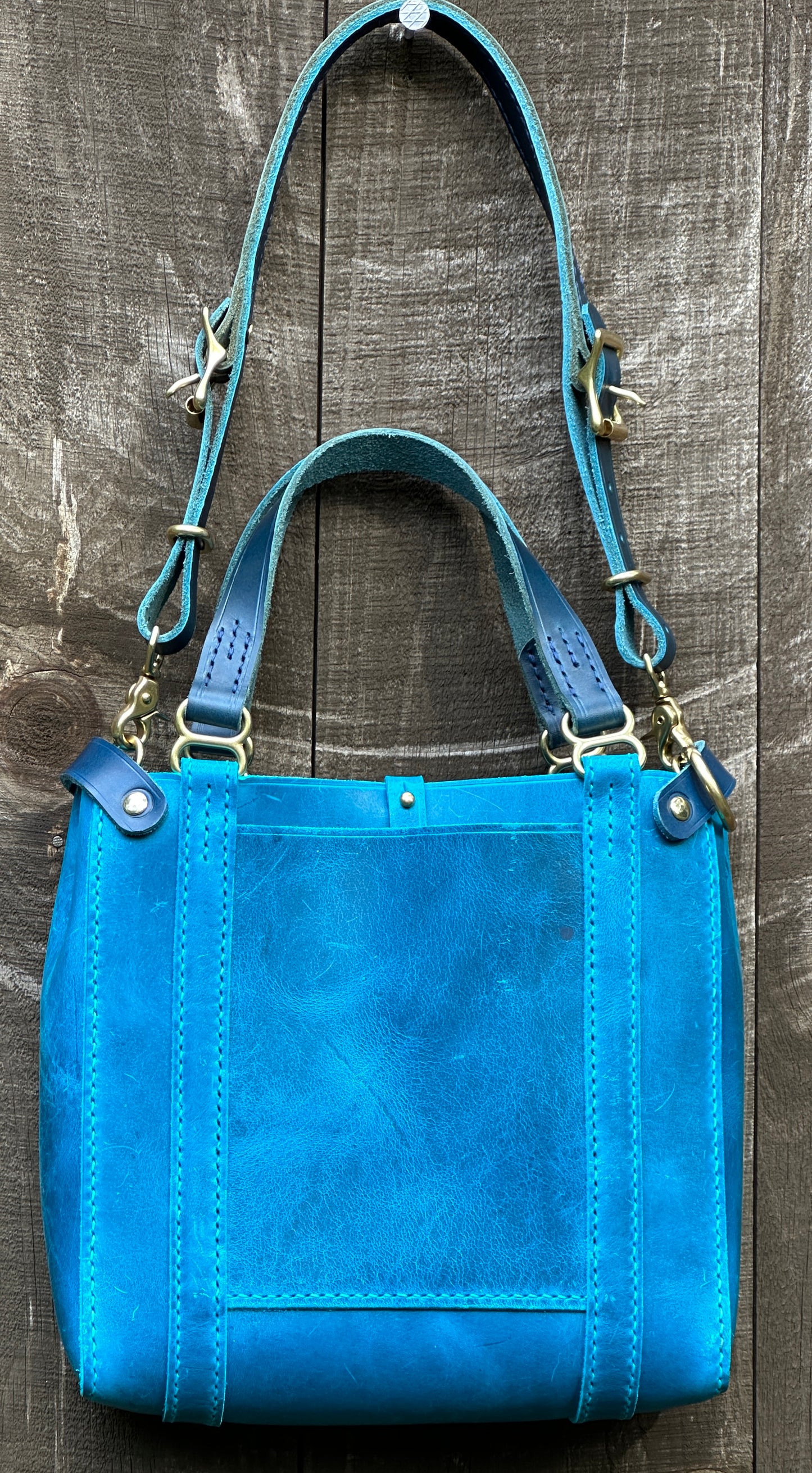 SANTORINI Tote. Striking Turquoise Deep Sea Blue Italian Pull-Up Leather Tote, Elegant Travel Tote