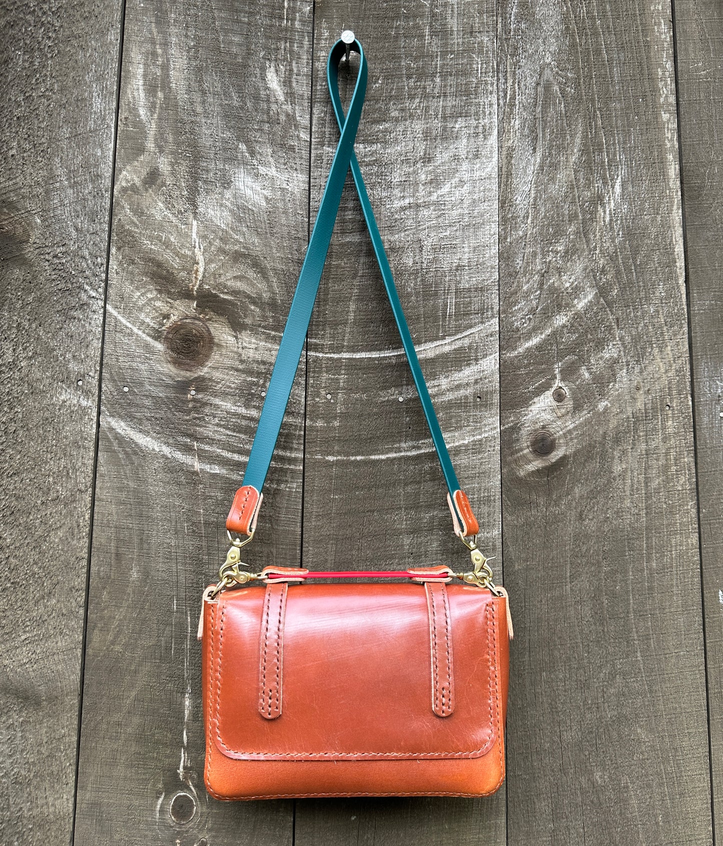 Heavy Imported English Bridle Messenger Bag w/Leather and Red Biothane Saddle and OTS Straps, Sedgwick Hazel