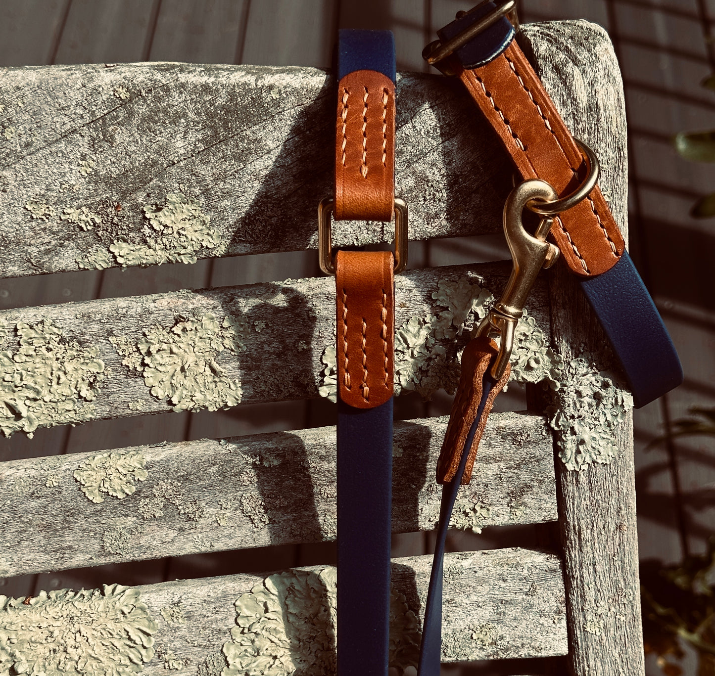 Chestnut and Navy Leather and Biothane Dog Collar, Sporty Weather Resistant Dog Collar