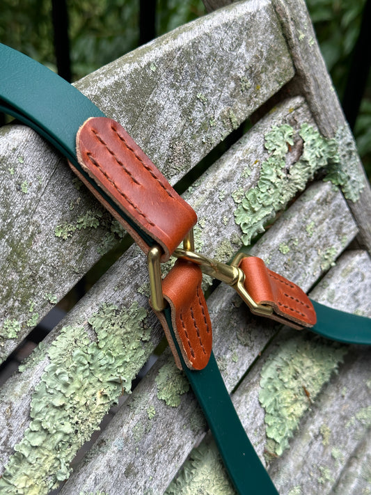 Forest Green Biothane & Chestnut Bridle Leather Dog Lead,  w/Separate Handle