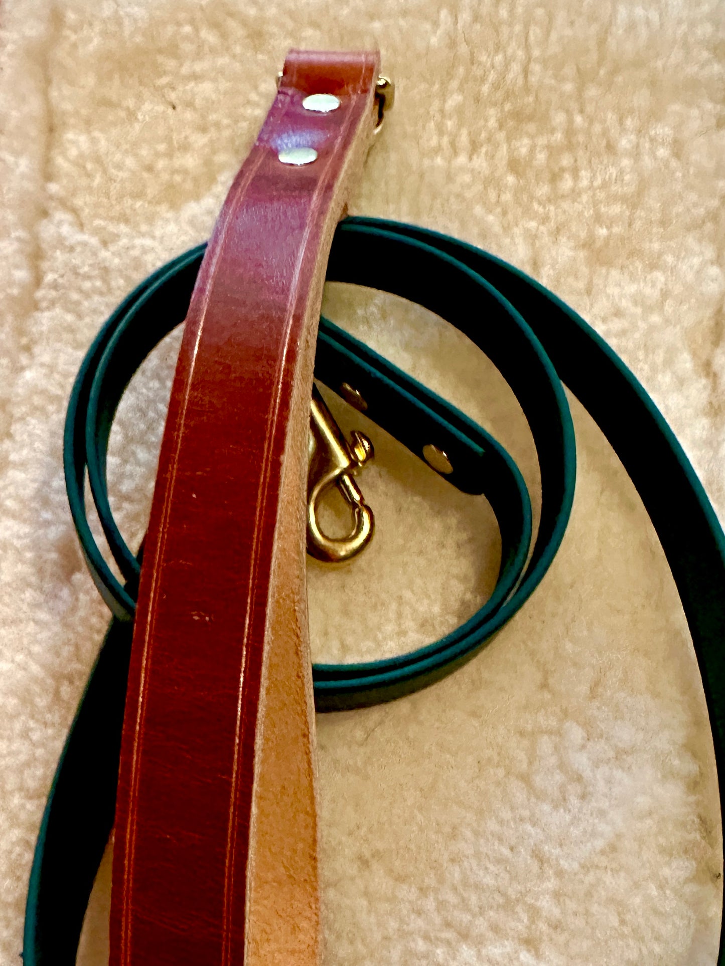 Two Tone Soft Heavy Olde English Leather and Biothane Leash, Evergreen, Red, or Black - a Rich. Good Looking Combination Lead