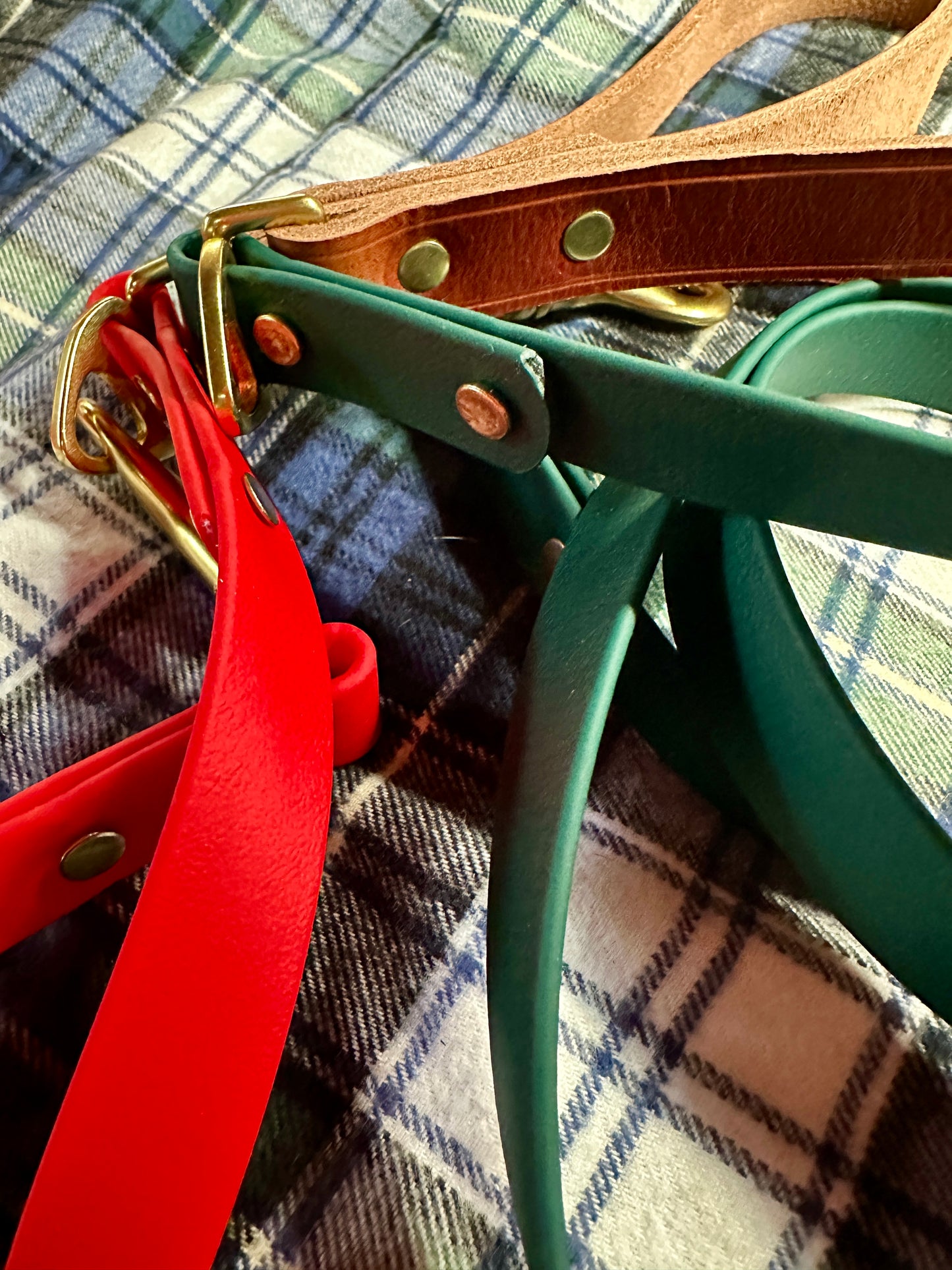 Two Tone Soft Heavy Olde English Leather and Biothane Leash, Evergreen, Red, or Black - a Rich. Good Looking Combination Lead