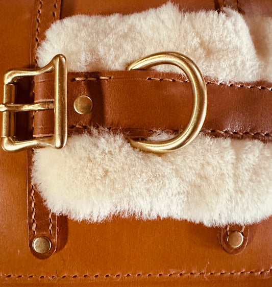 Italian Leather and Shearling Cuff Collar, Extra Wide, 1" +, Biscuit and Cozy Creamy Shearling