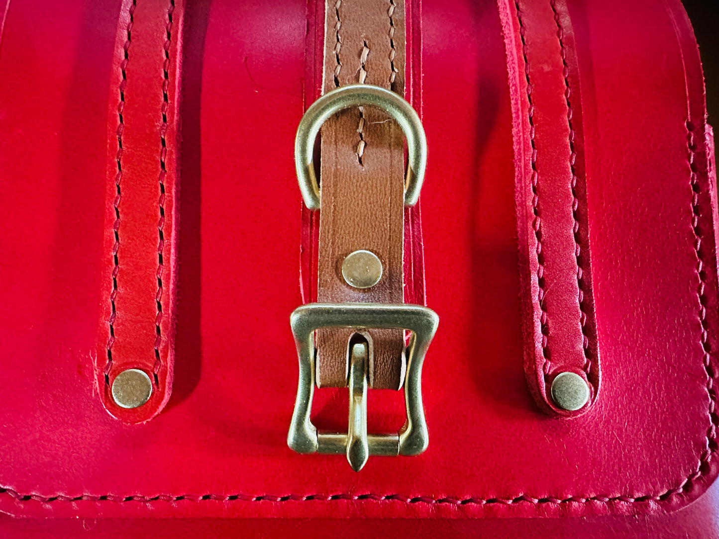 Italian Two-Tone Leather Collar, Biscuit and Red, Handstitched, 5/8" Solid Brass Roller Buckle