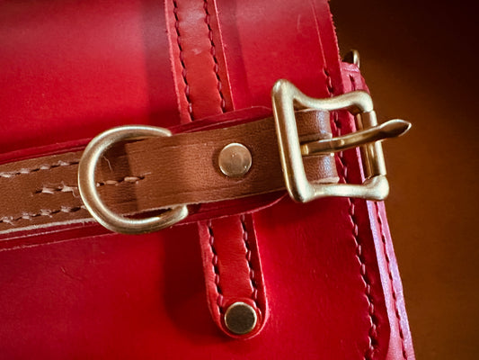 Italian Two-Tone Leather Collar, Biscuit and Red, Handstitched, 5/8" Solid Brass Roller Buckle