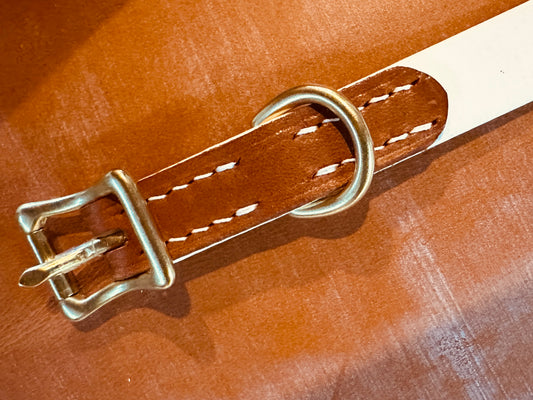 Two-Tone Italian Chestnut Leather and Crisp White Biothane Dog Collar w/Heavy Rustproof Solid Brass Roller Buckle and D-Ring, Sporty Weather Resistant Leather and Biothane Dog Collar