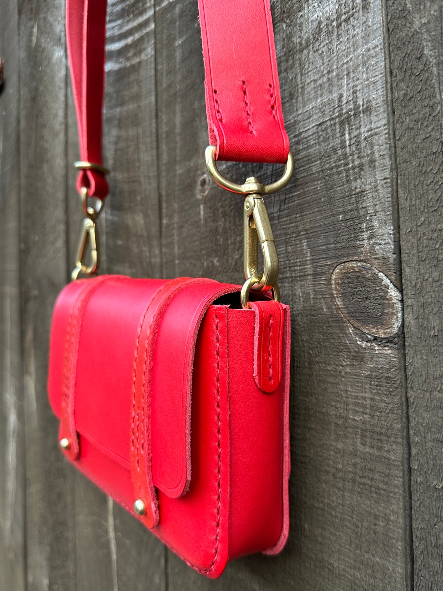 Striking Red Mini Messenger Bag, Italian Red Bag, Red Leather Messenger Bag, Handstitched Leather Bag, Heavy Leather Bag, Saddle Stitched Bag