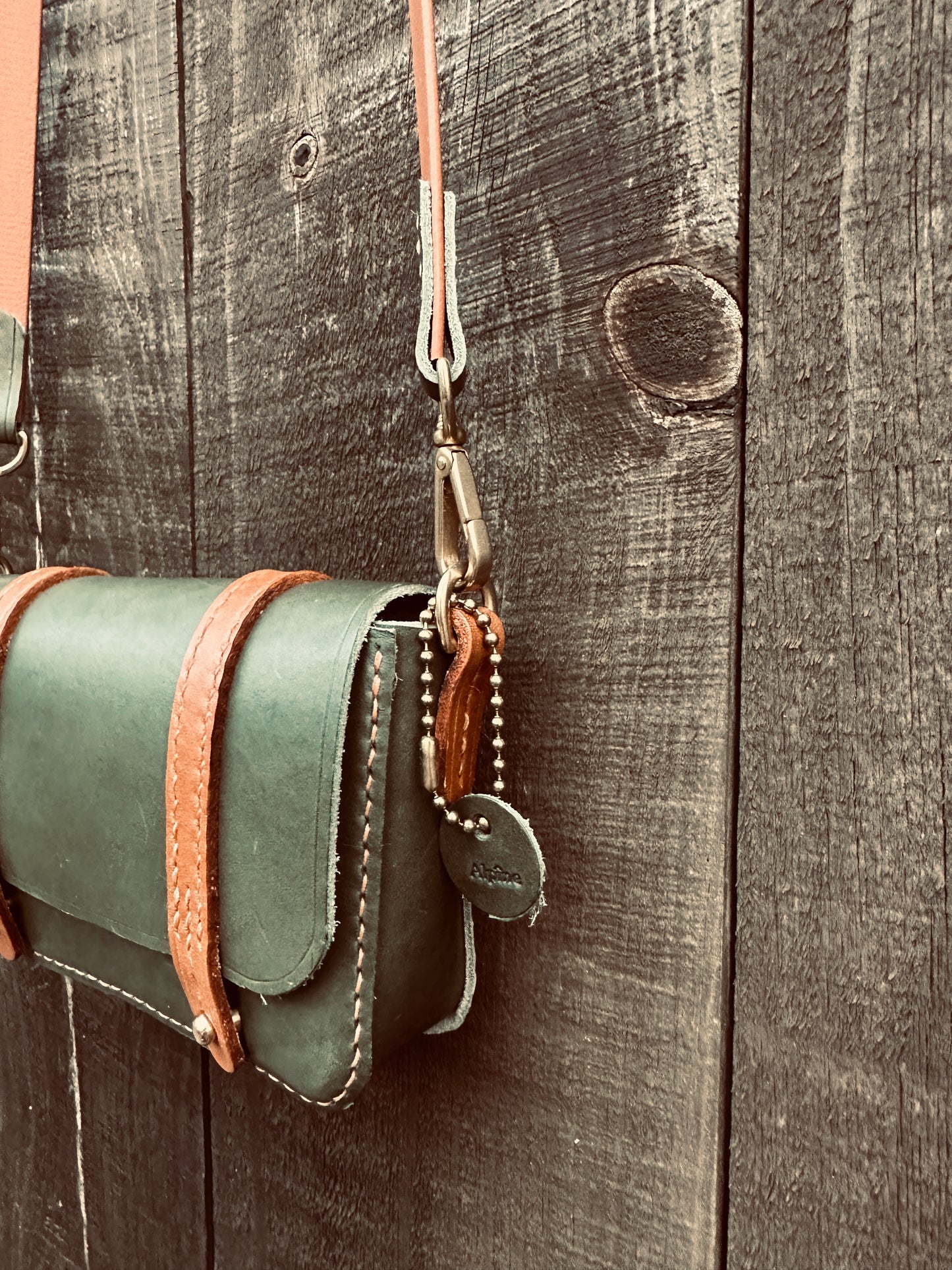 Two Tone Olive and Tan Mini Messenger Bag, Italian Tan Bag, Tan Leather Messenger Bag, Handstitched Leather Bag, Heavy Leather Bag