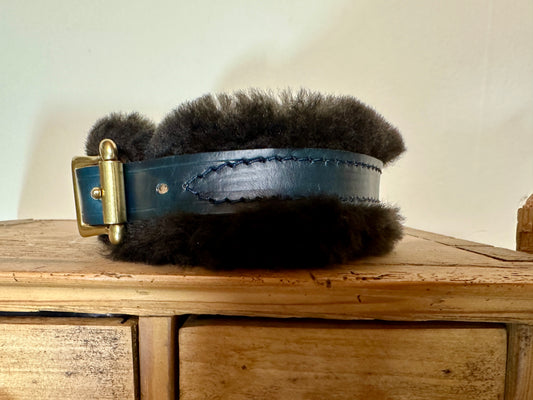 Navy Harness Leather and Italian Chocolate Shearling 3/4" Dog Collar