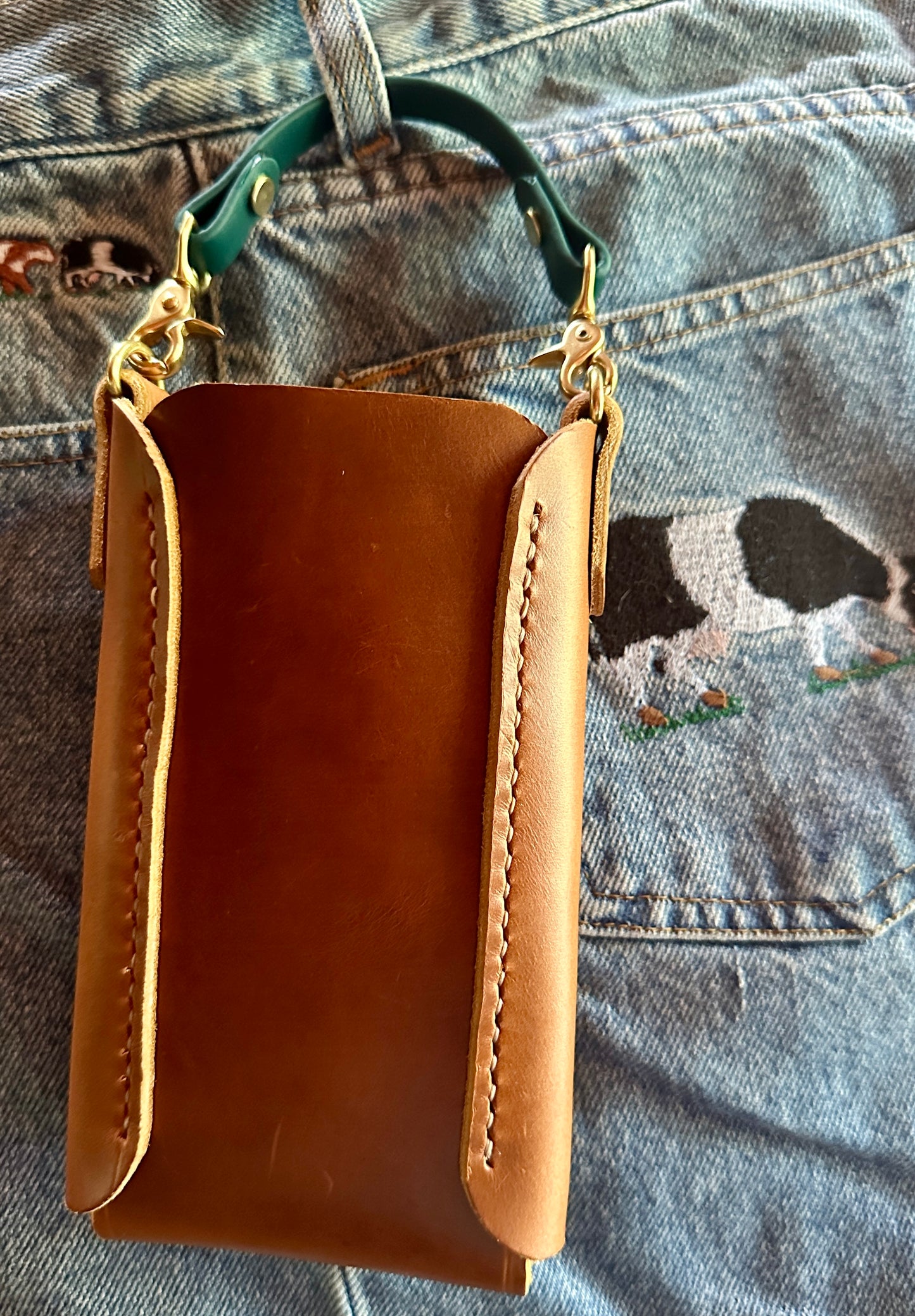 Heavy Horween Leather Mini iPhone Tote w/Colorful Biothane Crossbody Strap Shiny Solid Brass Handstitched Cell Phone Sleeve Elegant Sporty