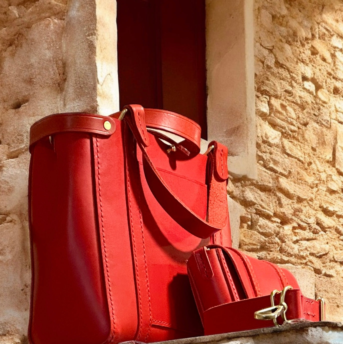 Italian Hot Red Tote Bag with 1.25" Adjustable Strap, Front Exterior Pocket