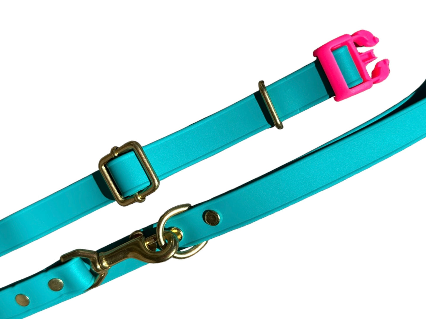 Adjustable Lightweight Biothane Quick Release Buckle Collar, All Waterproof w/Solid Brass Premium Hardware, Two-Tone Collar & Leash Set, Turquoise + Hot Pink, Curated Collar and Leash Set