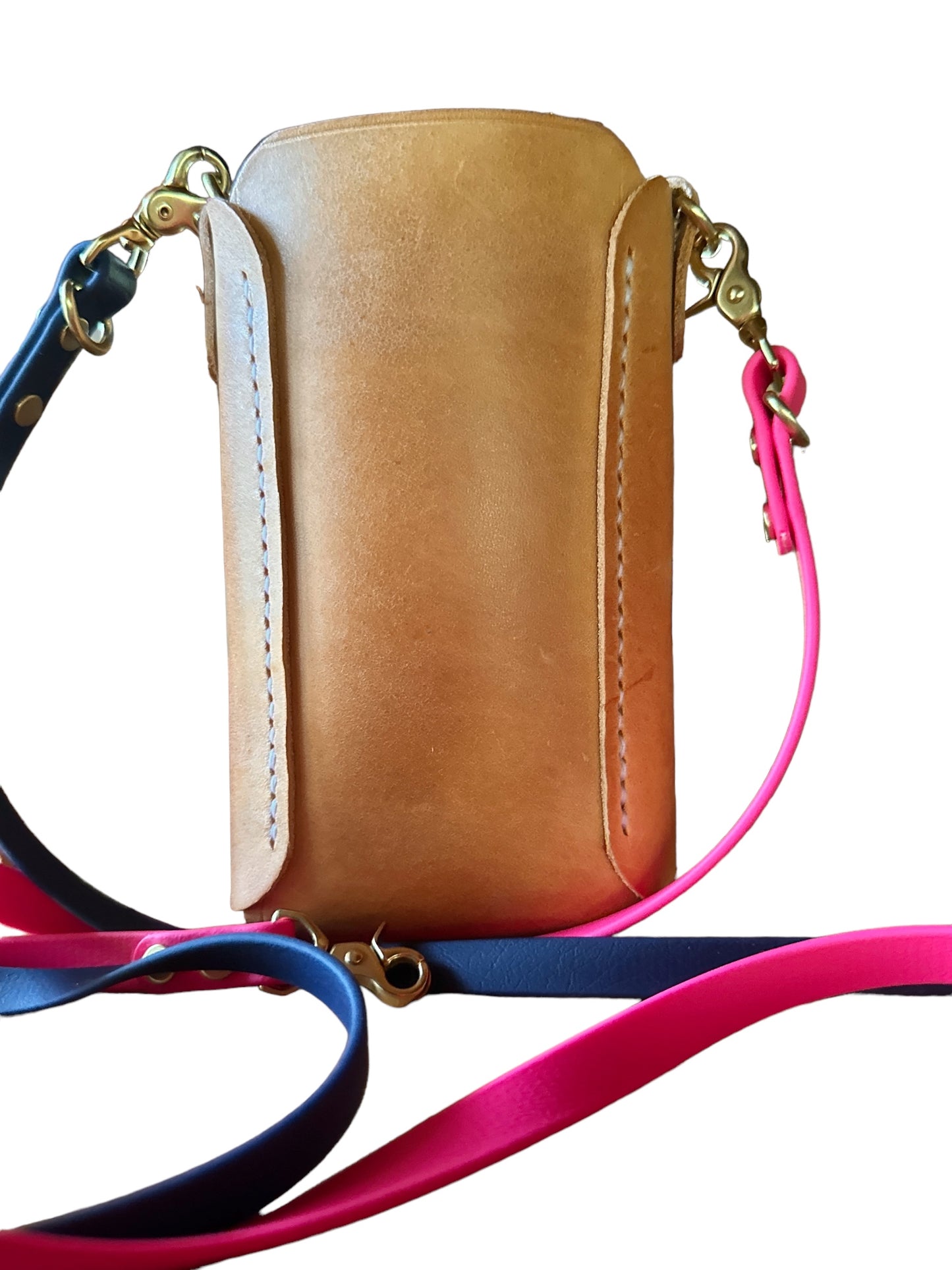 Heavy Italian Tan Leather Mini iPhone Tote w/Colorful Biothane Crossbody Strap Shiny Solid Brass Handstitched Cell Phone Sleeve Elegant Sporty