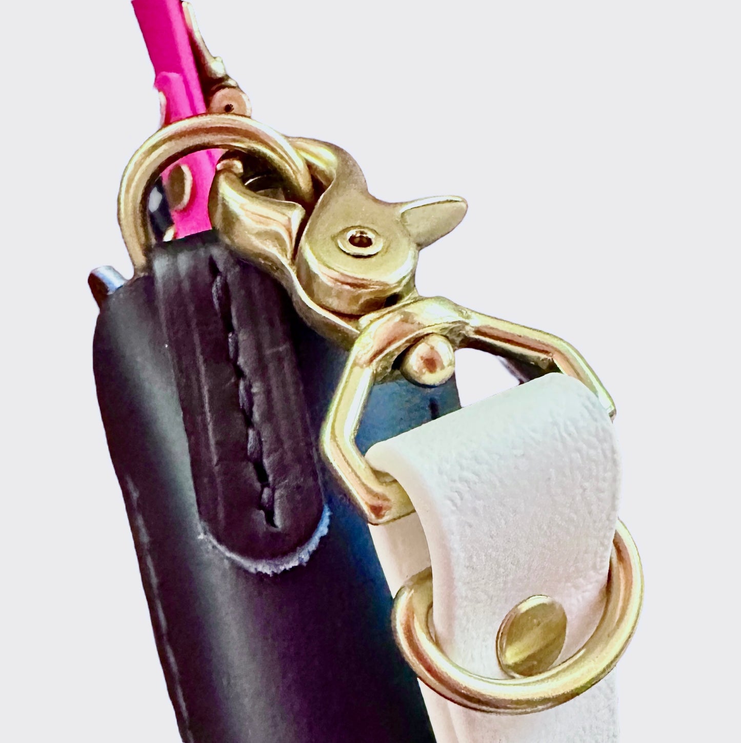 Heavy Horween Leather Mini iPhone Tote w/Colorful Biothane Crossbody Strap Shiny Solid Brass Handstitched Cell Phone Sleeve Elegant Sporty