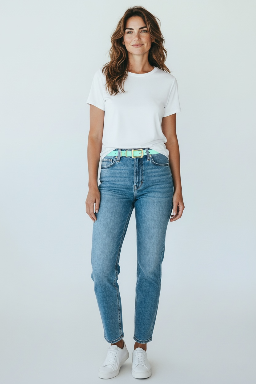 Women wearing seafoam belt with jeans and white t-shirt

