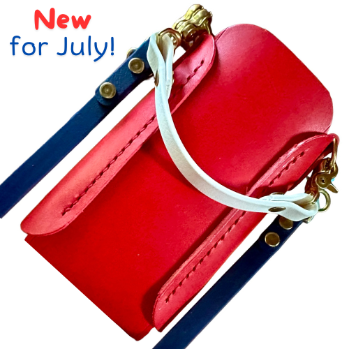 Heavy Italian Bright Red Leather Mini iPhone Tote w/Colorful Biothane Crossbody Strap Shiny Solid Brass Handstitched Cell Phone Sleeve Elegant Sporty