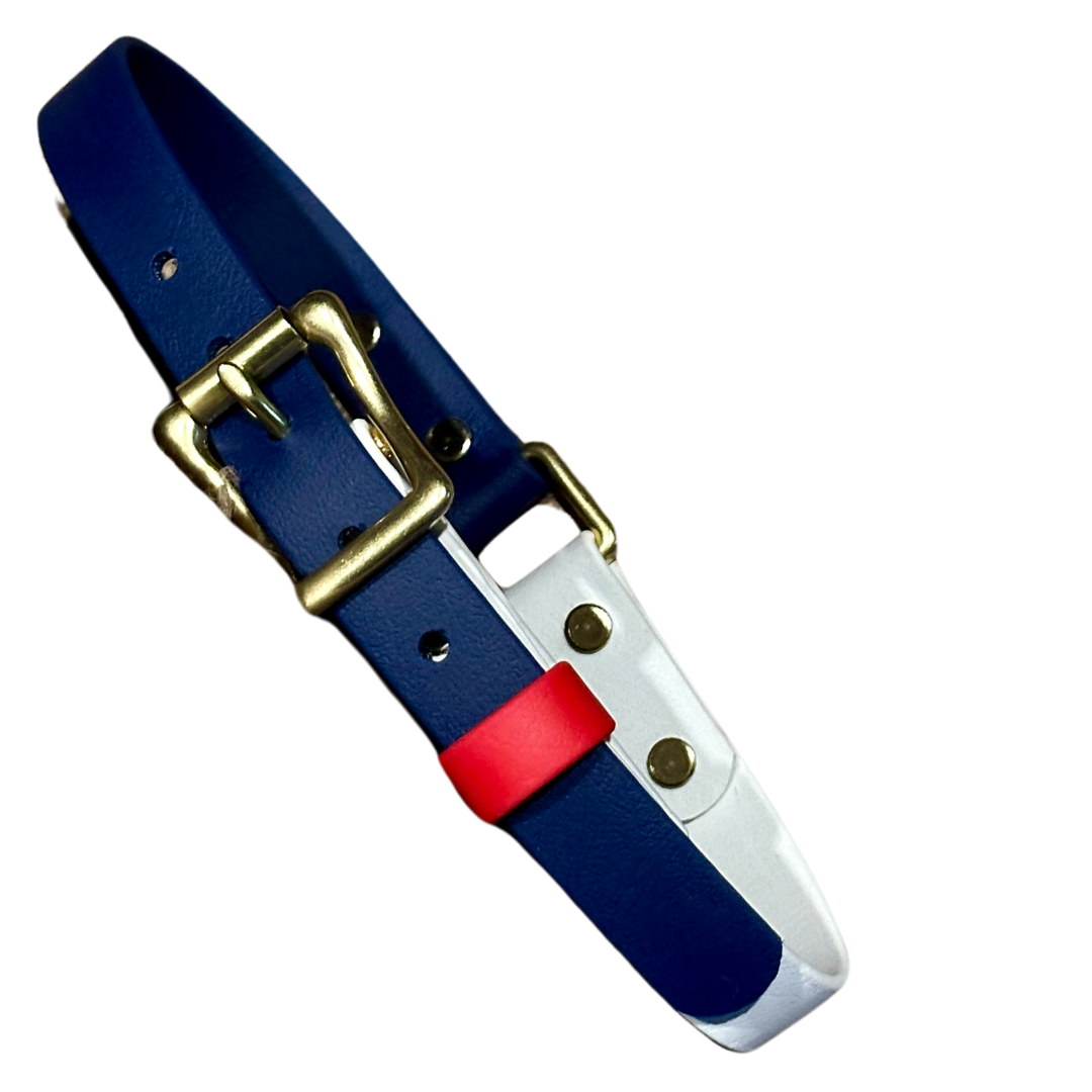 3/4" Sporty Two-Tone Waterproof Field, Safety/Hunting Collar, Crisp White + Marine Navy w/Cherry Red Keeper + Solid Brass, Patriotic