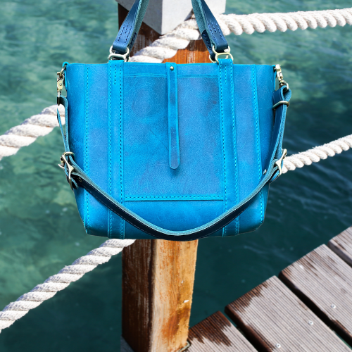 SANTORINI Tote. Striking Turquoise Deep Sea Blue Italian Pull-Up Leather Tote, Elegant Travel Tote