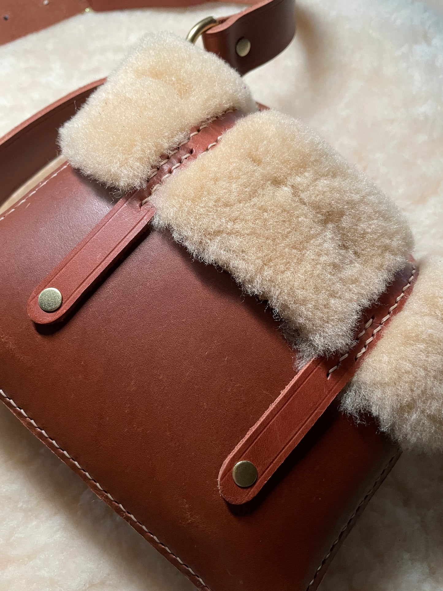 CORTINA Italian Nut Brown Leather and Shearling Small Crossbody. 1" Wide Strap with 1/2" Solid Brass Lever Snaps.