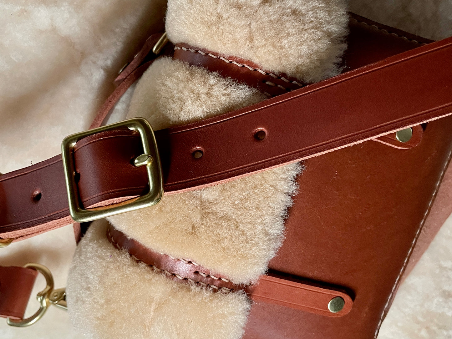 CORTINA Italian Nut Brown Leather and Shearling Small Crossbody. 1" Wide Strap with 1/2" Solid Brass Lever Snaps.