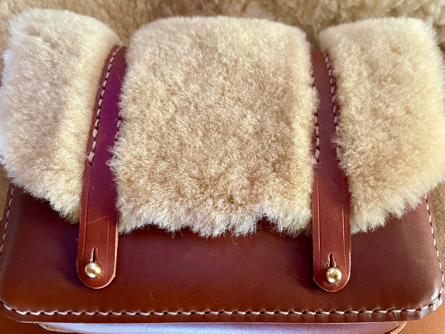 CORTINA Italian Nut Brown Leather and Shearling Small Crossbody. 1" Wide Strap with 1/2" Solid Brass Lever Snaps.