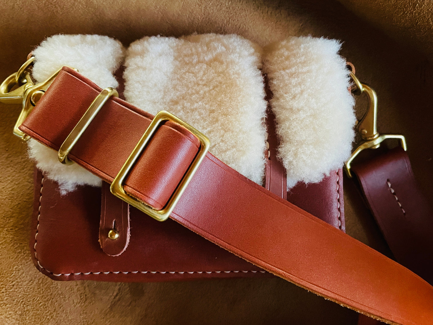 Telluride Veg-Tanned Leather and Shearling Bag w/Adjustable Wide Matching Strap, Heavy Solid Brass