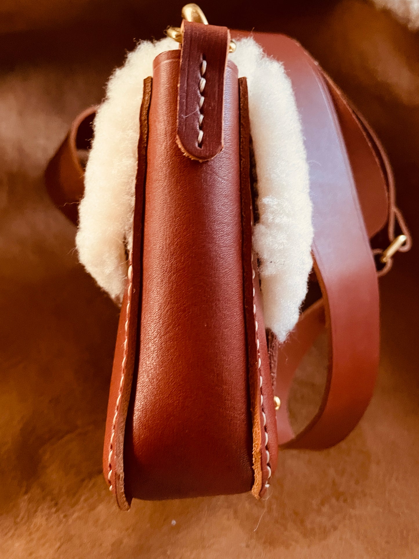 Telluride Veg-Tanned Leather and Shearling Bag w/Adjustable Wide Matching Strap, Heavy Solid Brass