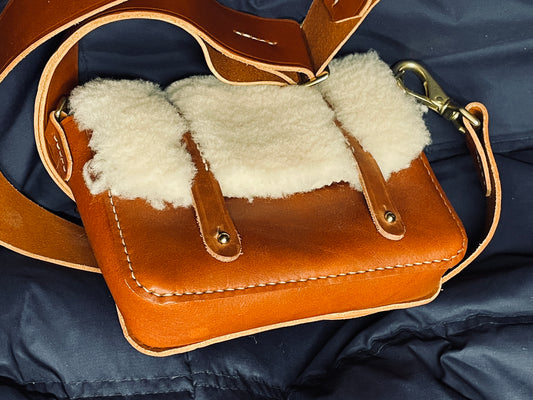 Telluride Veg-Tanned Leather and Shearling Bag w/Adjustable Wide Matching Strap, Heavy Solid Brass