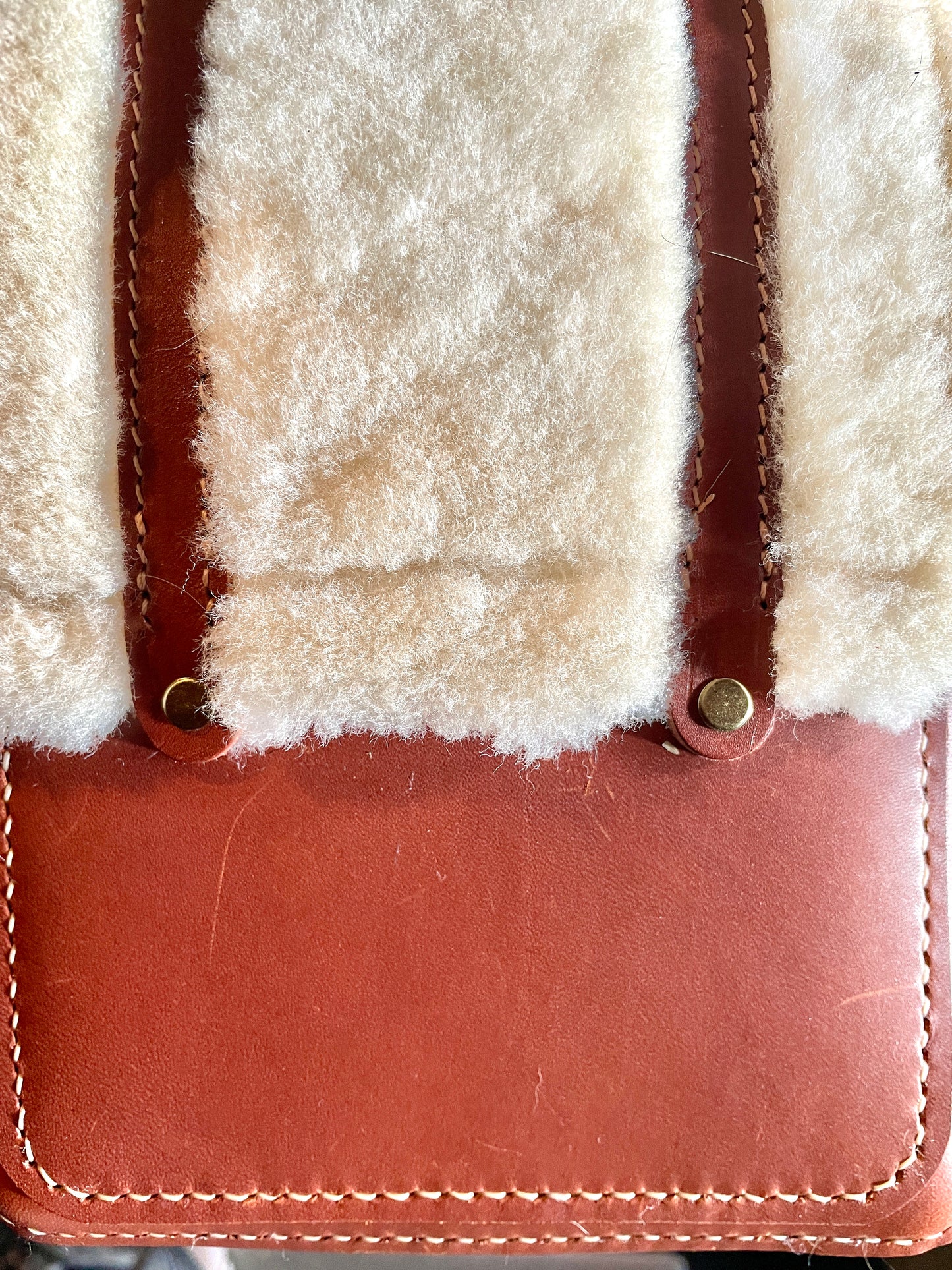 CORTINA Italian Nut Brown Leather and Shearling Small Crossbody. 1" Wide Strap with 1/2" Solid Brass Lever Snaps.