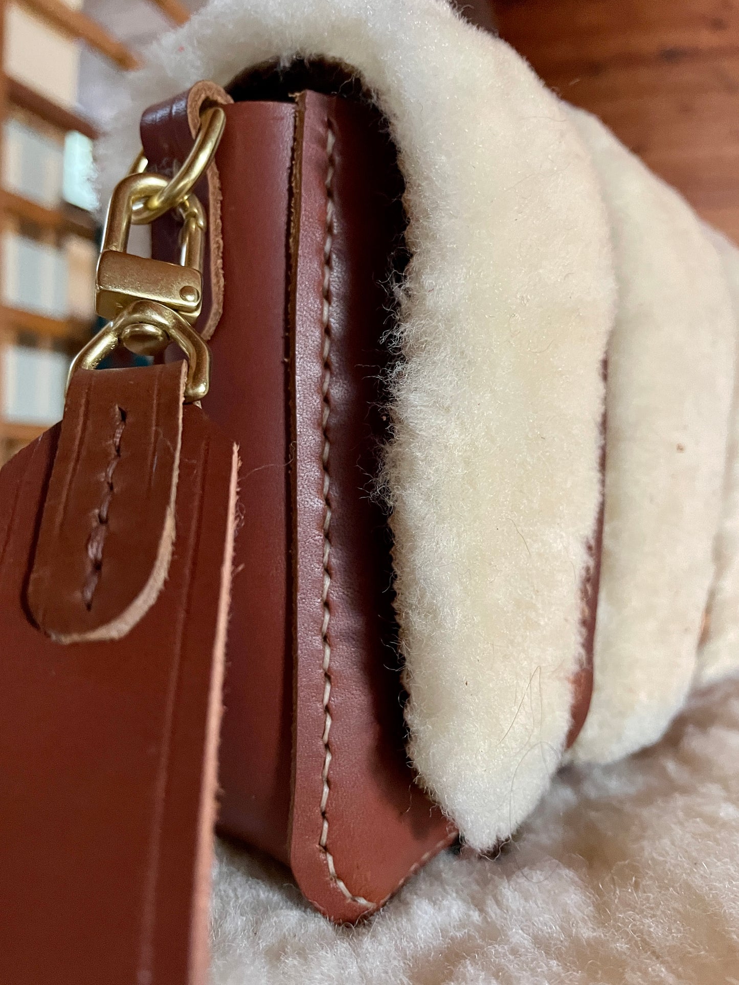 CORTINA Italian Nut Brown Leather and Shearling Small Crossbody. 1" Wide Strap with 1/2" Solid Brass Lever Snaps.